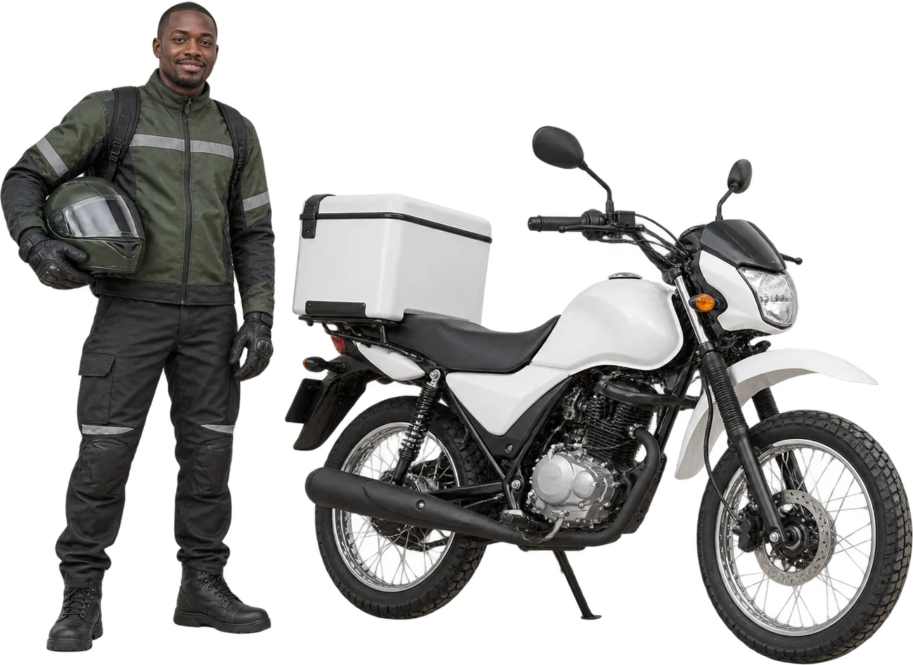 Delivery rider standing beside a motorcycle